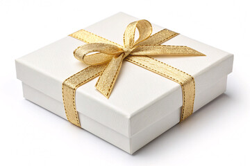 Elegant white gift box with shimmering golden ribbon for birthdays, holidays, or corporate appreciation presents a touch of luxurious celebration