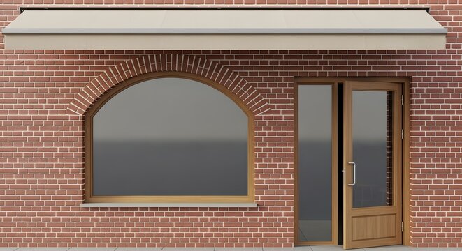 Classic red brick storefront with arched window awning and wooden glass door entrance