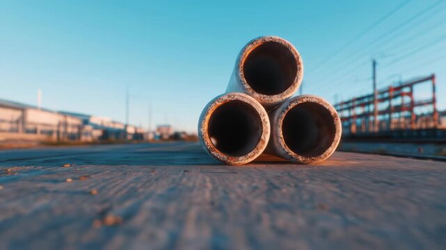 Three weathered industrial pipes stacked on concrete ground under clear blue sky