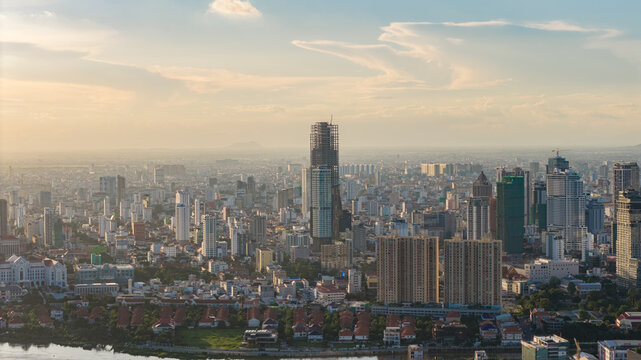 Fototapeta Cityscape view of the capital city skyline of Phnom Penh, Cambodia located in South East Asia
