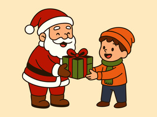 Cheerful Boy Receiving Present from Santa Claus Vector Illustration.