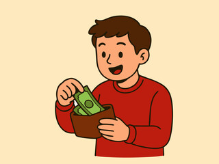 Happy Young Man Putting Cash Money Into Wallet Finance and Savings Concept.