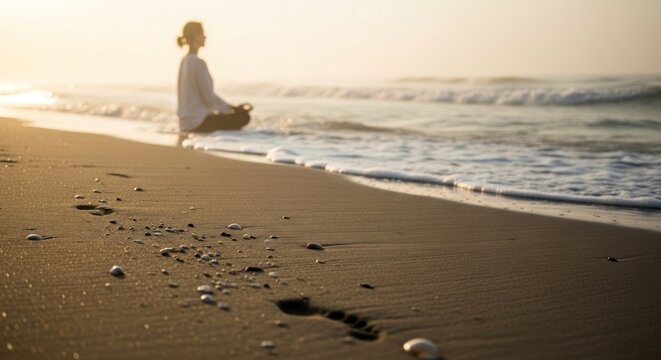 Woman meditating peacefully on sandy beach near ocean at sunrise - Powered by Adobe