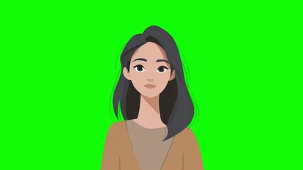 A digital illustration of a woman with long dark hair green screen background, Ideal for use in designs requiring a modern seamless looping video motion 4k, minimalistic avatar - Powered by Adobe