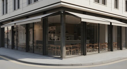 Exterior of a modern corner building with glass walls and awnings on a city street