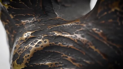 Abstract flowing dark liquid with golden and purple hues creating a mesmerizing organic texture resembling molten metal or cosmic dust with a smooth dynamic movement against a stark white background . - Powered by Adobe