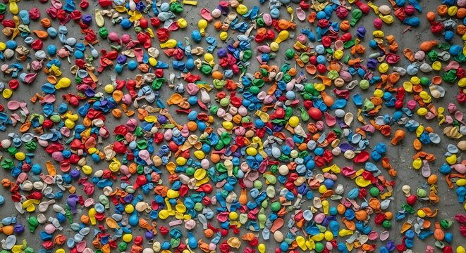 A vibrant and colorful assortment of small, round, and irregularly shaped objects scattered across a surface.