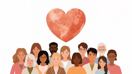 Heart Globe Unity – Diverse People Standing Together Vector styled Cartoon