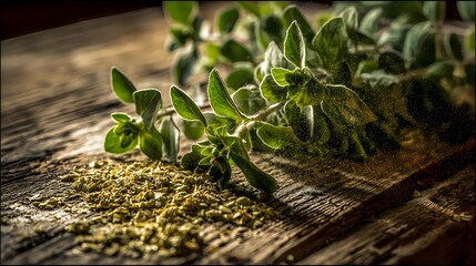 Fresh oregano herb sprigs and dried spices on rustic wooden cutting board, natural ingredients for Mediterranean cooking.