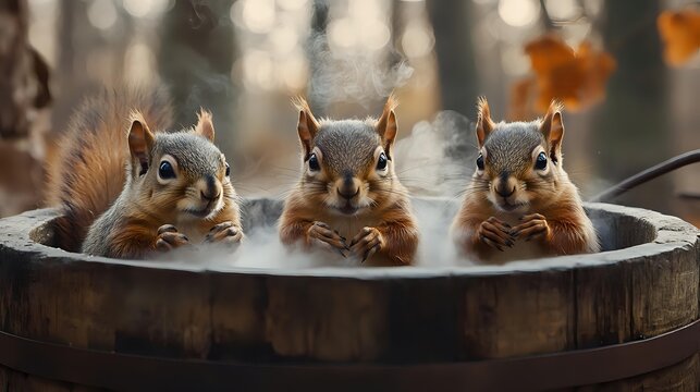 Three curious red squirrels sitting in a steaming wooden hot tub barrel in autumn forest, wildlife enjoying warm bath on cold day.