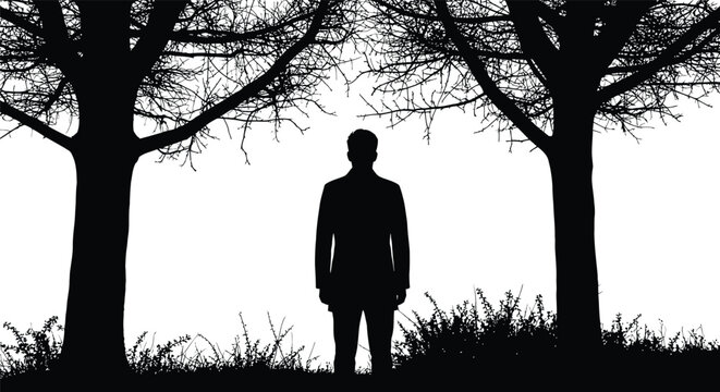 Silhouette of a man standing between two trees in black and white - Powered by Adobe