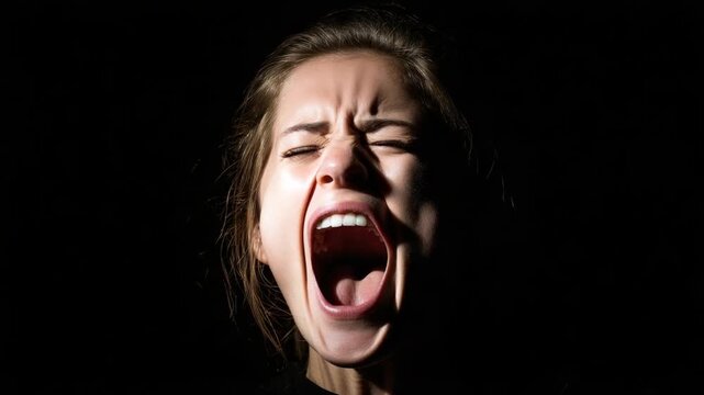 A woman with her eyes closed and mouth open wide against a stark black background