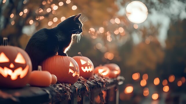 Black cat sitting on pumpkin next to carved jack-o-lanterns with glowing faces against bokeh lights background during Halloween night celebration. - Powered by Adobe