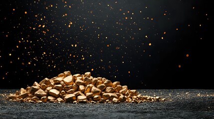 Pile of gold nuggets with glittering particles floating against dark background, symbolizing wealth, mining industry, and financial investment.