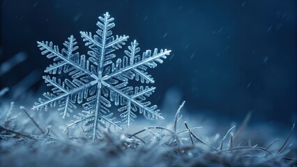 A photorealistic detailed crystalline snowflake showcasing its perfect geometric symmetry on a cold frosty ground