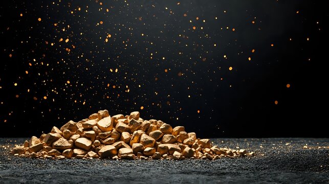 Pile of gold nuggets with glittering particles floating against dark background, symbolizing wealth, mining industry, and financial investment. - Powered by Adobe
