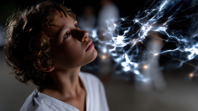A young child looks up at an enchanting display of neural patterns, representing the complexity of thoughts and emotions, sparking imagination and creativity in the viewer.