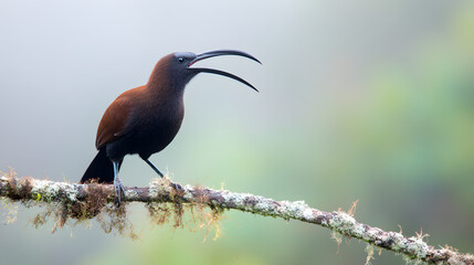 trumpet. Trumpet bird perched on a jungle branch at dawn, beak open, misty forest background. wildlife magazines, conservation campaigns, designed for wildlife conservation campaigns.