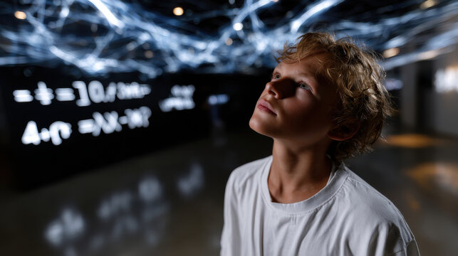 A young boy stands in a room filled with abstract light and mathematical equations, illustrating the connection between youth and the wonder of knowledge and discovery.