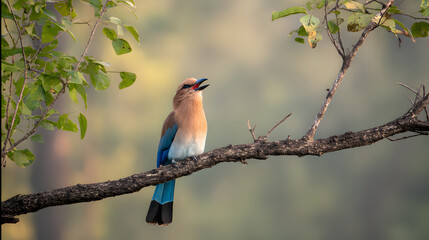 trumpet. Trumpet bird perched on a jungle branch at dawn, beak open, misty forest background. wildlife magazines, conservation campaigns, designed for wildlife conservation campaigns.