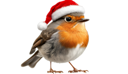 Charming Robin with Santa Hat Close Up Holiday Season Bird Portrait on Transparent Background