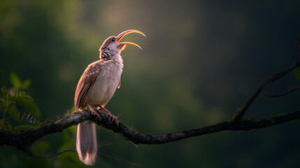 trumpet. Trumpet bird perched on a jungle branch at dawn, beak open, misty forest background. wildlife magazines, conservation campaigns, designed for wildlife conservation campaigns.