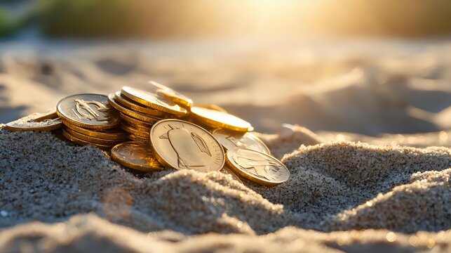 Golden coins scattered on warm beach sand at sunset, symbolizing wealth, treasure hunting, financial freedom, and vacation savings.
