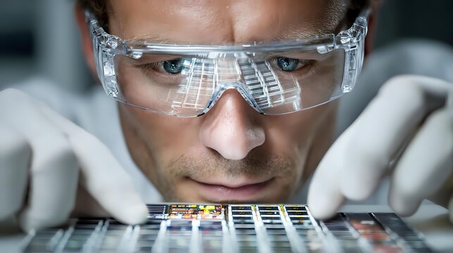 Scientist in protective eyewear and gloves examining electronic circuit board in laboratory setting, focused on microchip technology research.