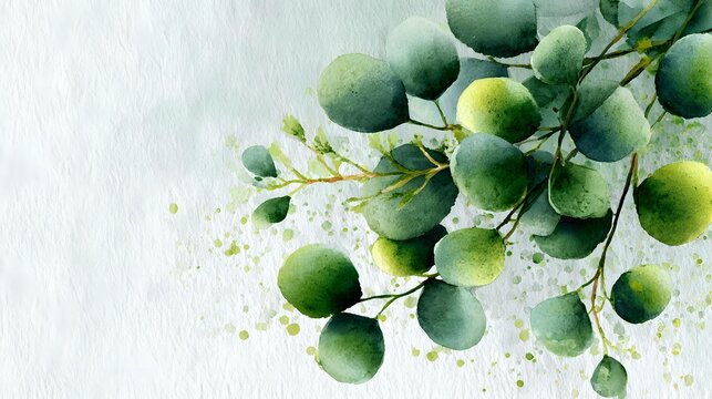 Fresh green eucalyptus branch with round leaves on textured white background, watercolor botanical illustration for nature-inspired designs.