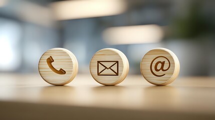 Wooden contact icons showing phone, email, and at symbol on blurred office background, ideal for business communication concepts.