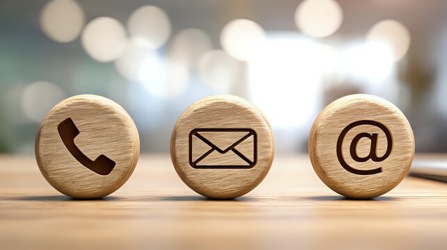 Wooden contact icons on desk showing phone, email and at symbol with soft bokeh background for business communication.