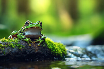 Obraz premium Generative AI image of a colorful frog resting on mossy rock beside calm forest stream in glowing summer sunset light in the wilderness