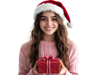 Cheerful Brunette in Santa Hat Holds Festive Gift Box Against Transparent Background for Holiday Season