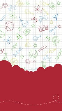 Grid paper with red cloud shape and doodles school icon microscope, atom, sports, letters, numbers and stars. Loop animation. Copy space. Vertical video.