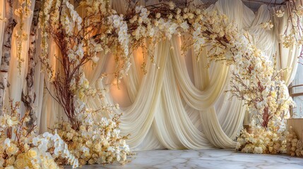 Wedding Flowers and Cream Drapery Backdrop