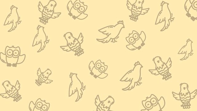 Playful doodle birds and owls on a yellow seamless background for kids.