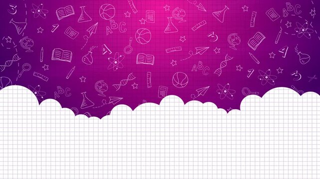 Purple gradient with school icons: books, pencils, DNA, test tubes, ABC, and paper airplanes. White cloud shape with copy space. Loop animation.