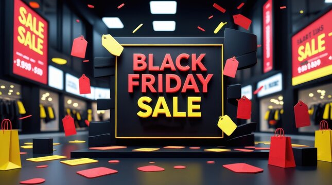 Black Friday Sale Spectacular: Captivating scene of a shopping haven, adorned with enticing 'Black Friday Sale' signage and vibrant display, promises extraordinary discounts.