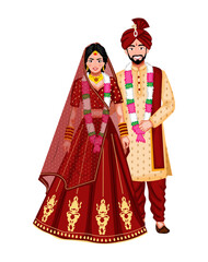 Indian Wedding Couple Standing Together in Traditional Attire – Vector Illustration