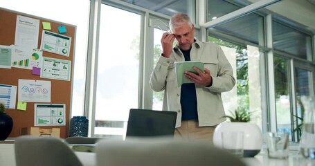 Mature man, tablet and thinking at startup, confused or mistake with brain fog at media company. Person, editor and tech on app, marketing stats or decision for project management at creative agency - Powered by Adobe