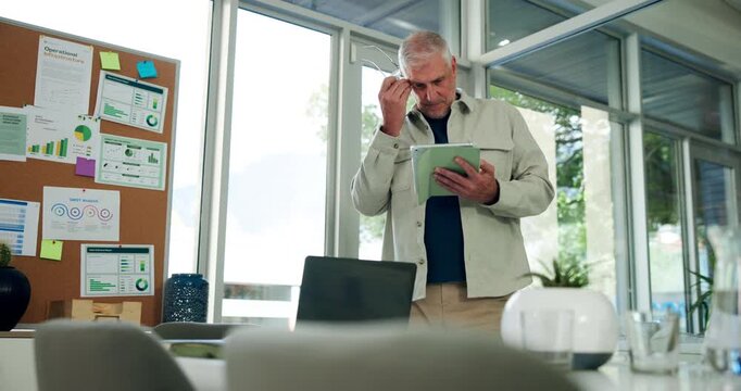 Mature man, tablet and thinking at startup, confused or mistake with brain fog at media company. Person, editor and tech on app, marketing stats or decision for project management at creative agency