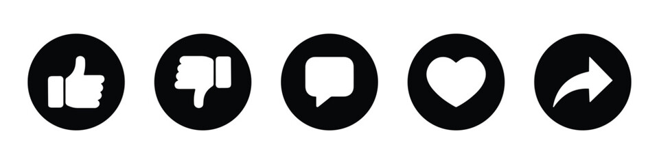 Like, comment, share icon buttons and Thumbs up and love heart flat icon in modern circle and speech bubble shapes , Social media notification icons. emoji post reactions set. Vector