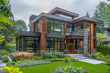 Contemporary luxury home exterior with a mix of wood and metal finishes, expansive windows, and a stylish front garden. The setting is perfect for modern living.