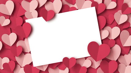 Obraz premium Blank white card on a background of pink and red paper hearts