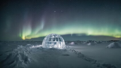 Illuminated Igloo Under the Mesmerizing Aurora Borealis in Winter Wonderland.