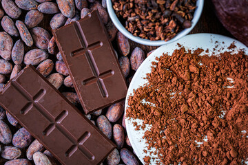 Cocoa Products, Chocolate bar Cocoa powder and cocoa beans, clos-up, top view