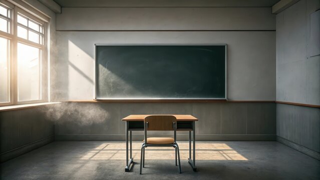 A quiet empty classroom with a lone desk and chair bathed in sunlight before a dark chalkboard - Powered by Adobe