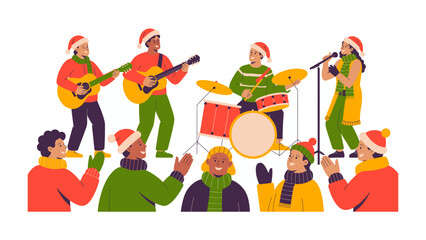 Joyful Carolers: A cheerful band of musicians spreads festive joy, singing holiday carols in a heartwarming display of community spirit. capturing the spirit of Christmas and togetherness.