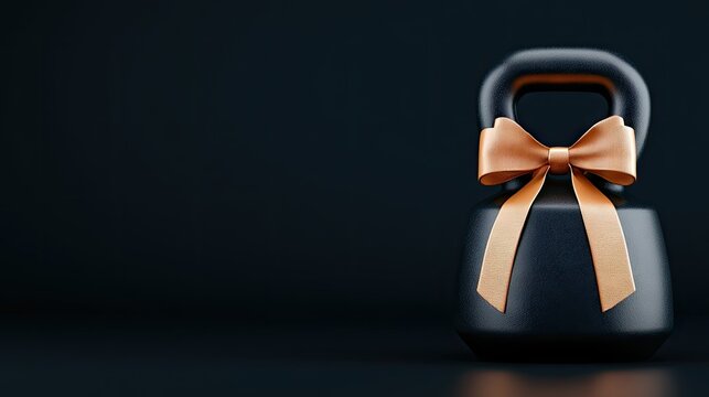 A striking black kettlebell features a golden bow, elegantly positioned on a dark background. This design combines fitness with a festive touch, making it perfect for gifts