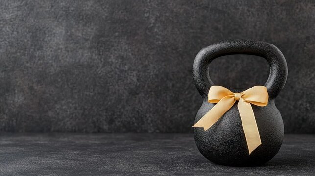 A black kettlebell adorned with a golden bow rests on a dark surface, highlighted by soft, sunny light. The minimalistic composition emphasizes its elegant design - Powered by Adobe